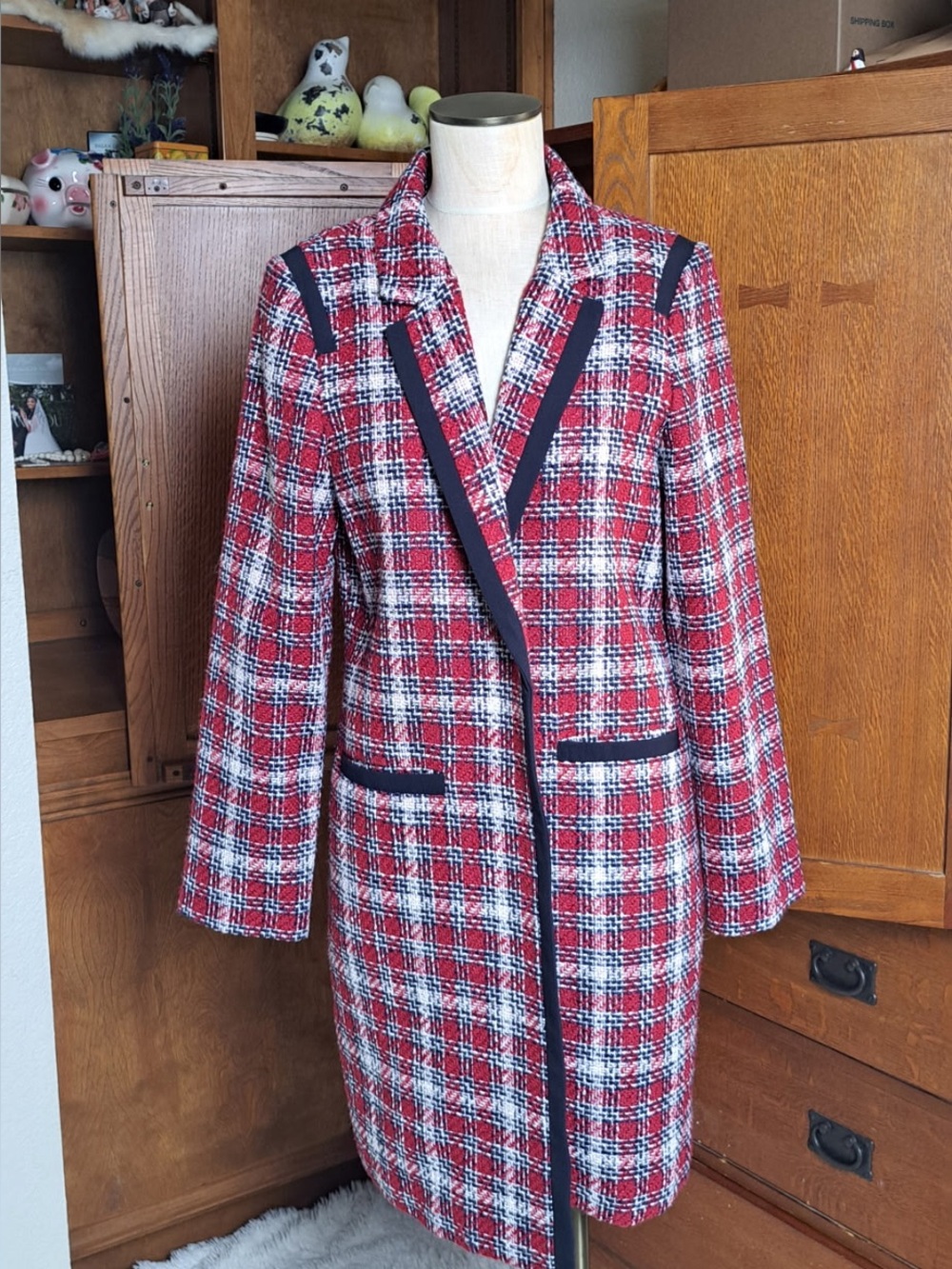 Tommy Hilfiger Plaid Tweed Coat Red White Navy Trim Size Large